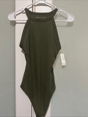 American Eagle Outfitters Dark Olive Ribbed Halter Bodysuit